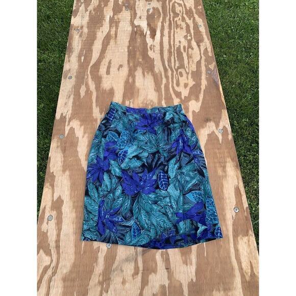 Vintage Kasper ASL Womens Silk Skirt Size 6 Blue Green Floral Leaves Tropical - Picture 2 of 6